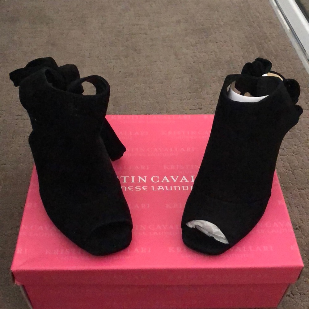 Black suede open toe, tie-back booties- in box!